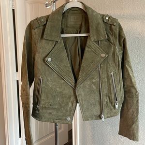 Olive Green Leather Suede Biker Jacket